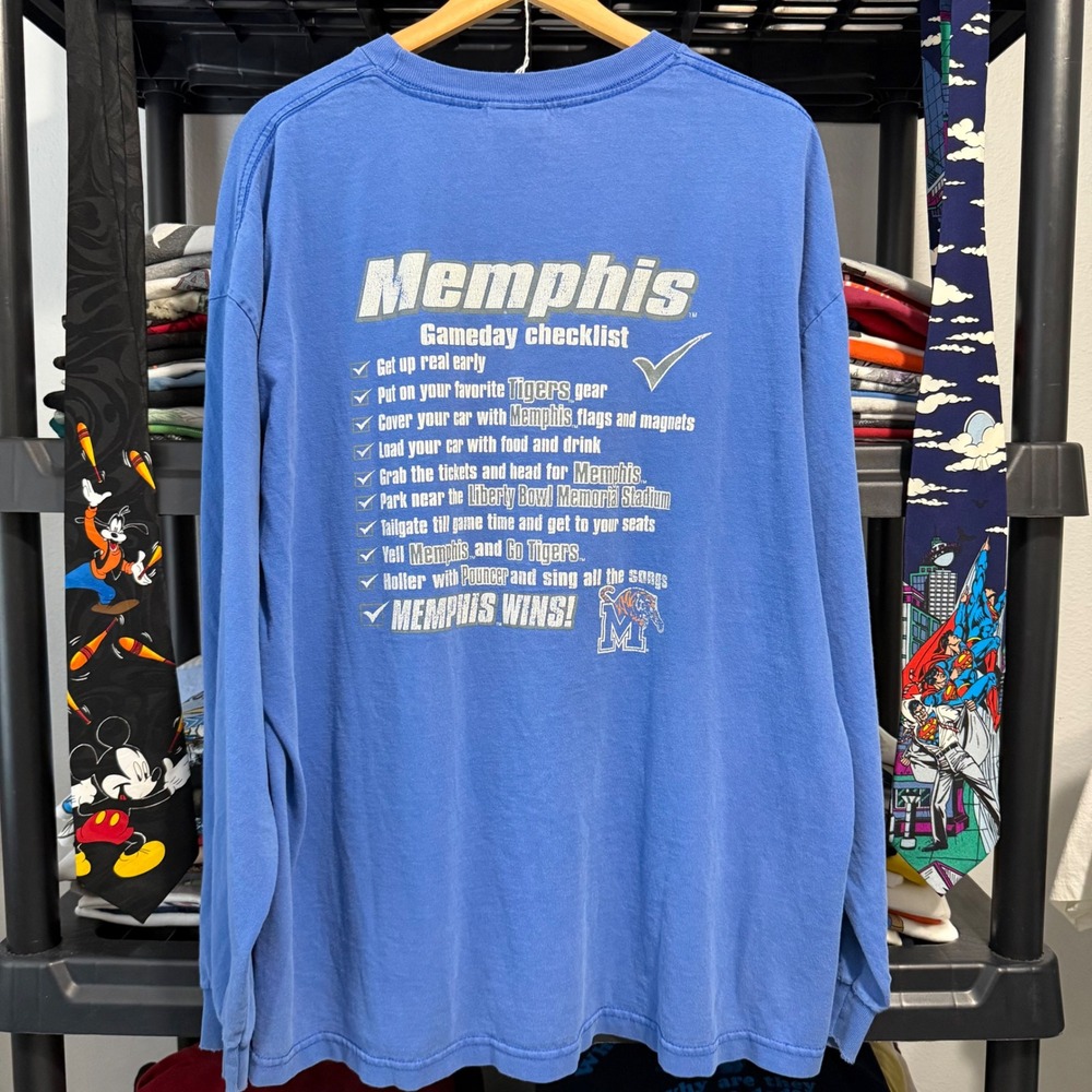 Vintage Blue Memphis Tigers Gameday Checklist Long Sleeve Tee 2XL Light Wear